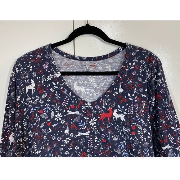 Lane Bryant Blue Floral and Forest Animals V-Neck 3/4 Sleeve Tee 18/20 - Picture 2 of 8